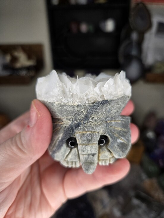 Other - UV Reactive White Desert Rose Bladed Calcite Elephant Crystal Carving Buddy